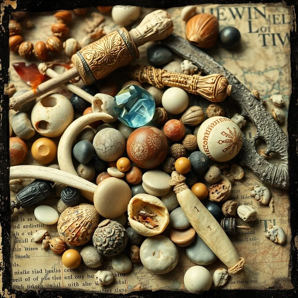 Fotografía macro de abalorios antiguos de concha, hueso y piedra en una tela arqueológica.