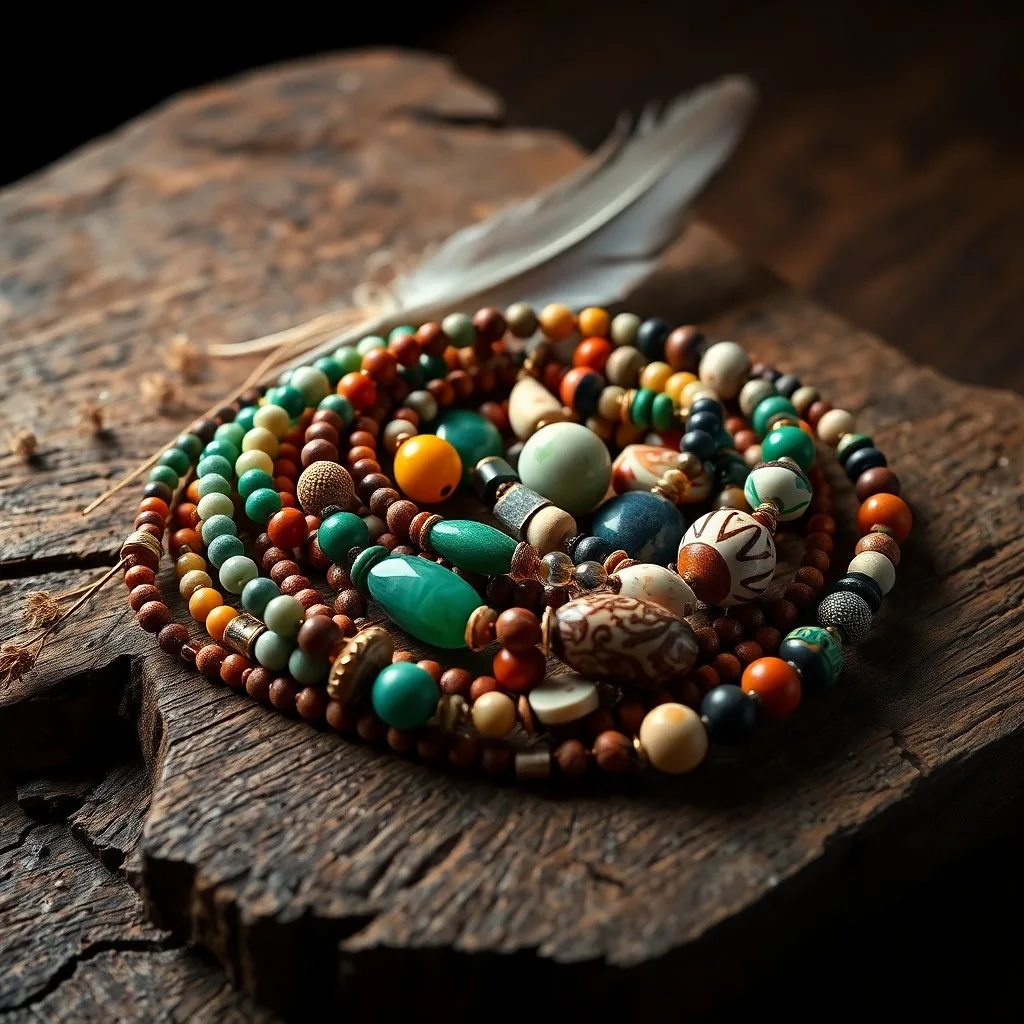 Colección de jade, conchas spondylus y wampum en una mesa de madera, fotografía cinematográfica