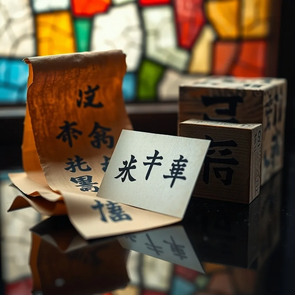 Fotografía cinematográfica de un juego de caligrafía japonés con pincel, tintero y papel washi, con caracteres Katakana grabados sutilmente al fondo, iluminado con luz suave.
