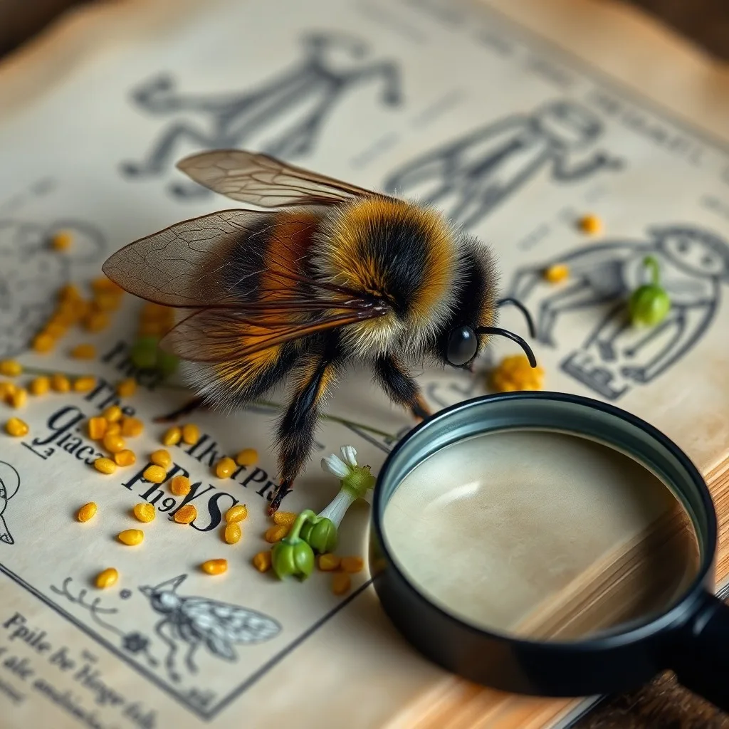 Un primer plano de una lupa sobre un libro de botánica, con muestras de flores y un abejorro preservado, evocando la investigación científica.