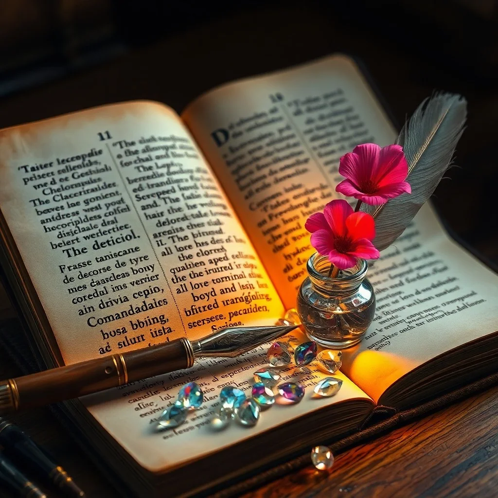 Diccionario antiguo abierto en un escritorio con libros y una pluma.