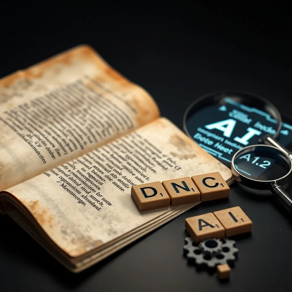 Fotografía still-life de una máquina de escribir vintage con un manuscrito científico parcialmente escrito, rodeada de diccionarios antiguos de cuero y una lupa, con una iluminación de claroscuro dramática que resalta la textura y el detalle.