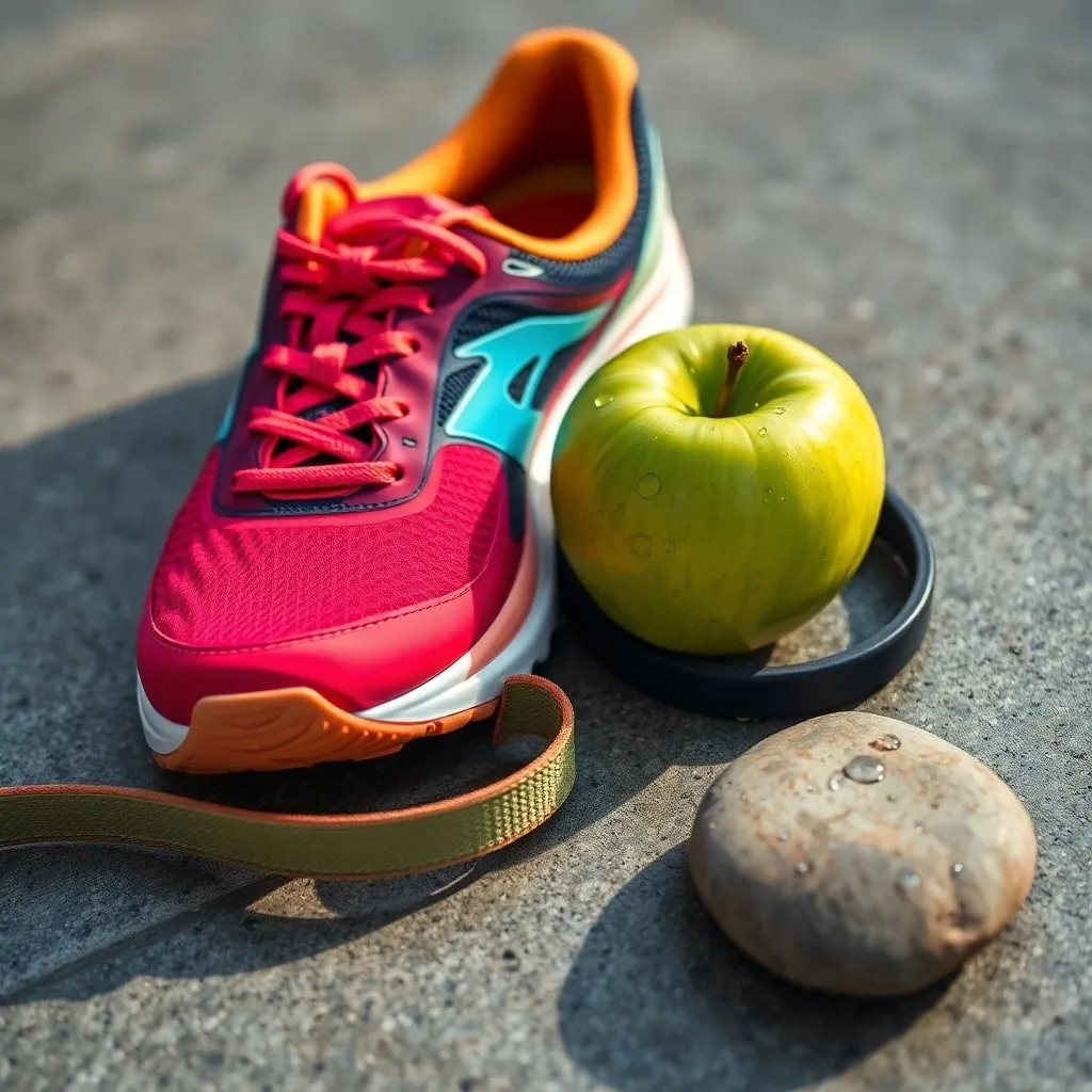 Fotografía de bodegón de una manzana fresca, un vaso de agua, zapatillas de correr y una revista médica abierta sobre una mesa de madera, simbolizando la prevención y la salud.