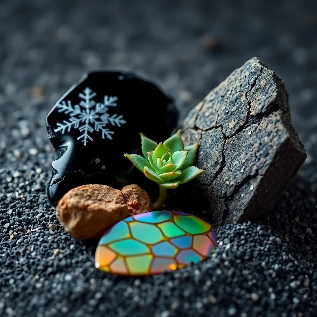 Fotografía macro de objetos que simbolizan la supervivencia en desiertos y polos, incluyendo un cráneo roído, madera blanqueada, y cristales de hielo, con un enfoque en la textura y el deterioro.