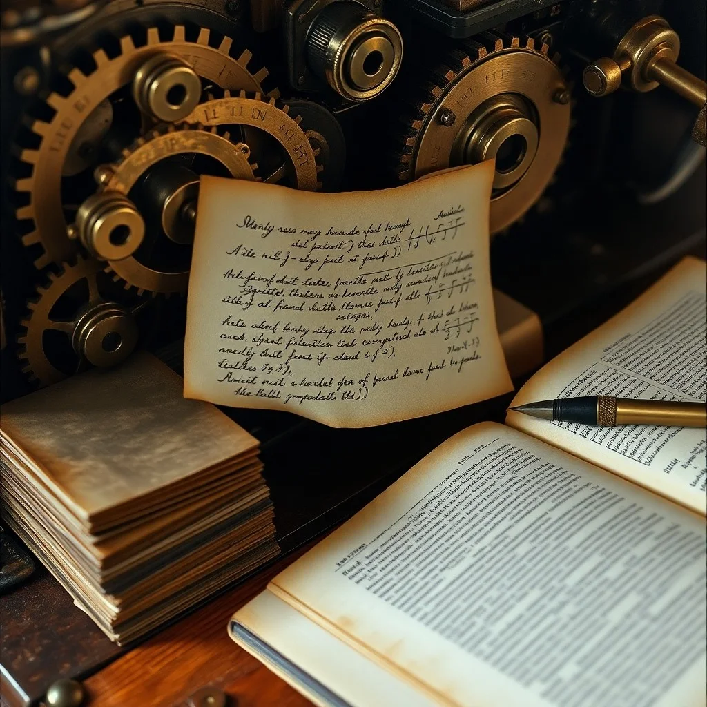 Detalle de un mecanismo de reloj antiguo, con engranajes de bronce intrincados y una esfera de números romanos, sobre un fondo de planos de ingeniería descoloridos.