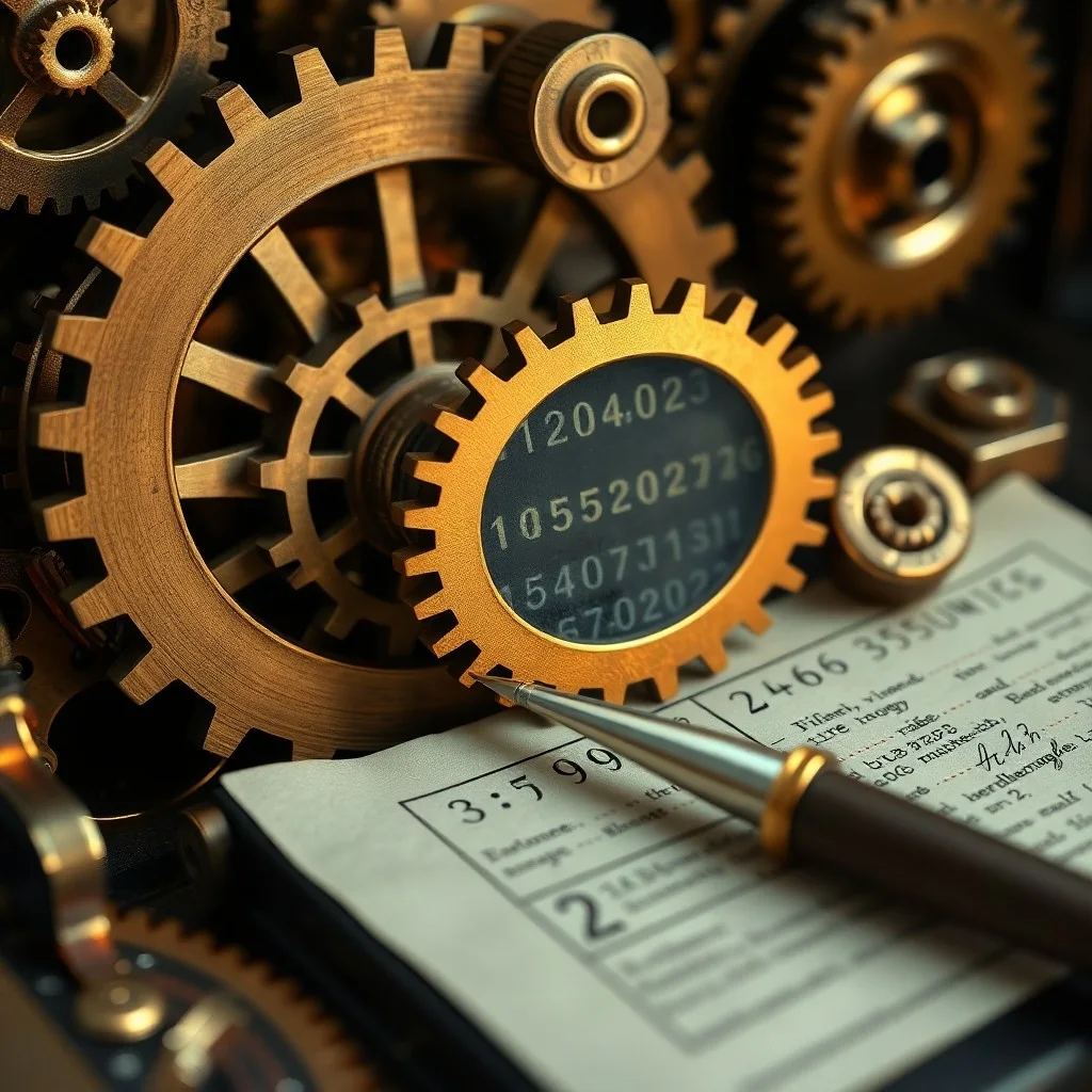 Una máquina calculadora antigua de latón con engranajes expuestos, iluminada por un haz de luz, simbolizando el inicio de la era de la computación.