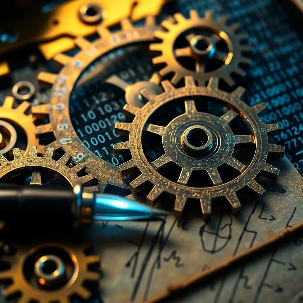 Una red intrincada de líneas digitales brillantes superpuesta sobre un manuscrito antiguo con fórmulas matemáticas, simbolizando la conexión entre algoritmos y la futura inteligencia artificial.