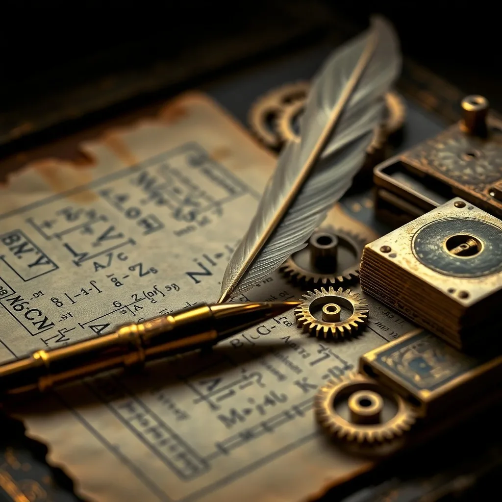 Representación de un motor analítico de Babbage con intrincados engranajes y palancas, rodeado de notas matemáticas escritas a mano y tarjetas perforadas, bajo una iluminación que simula una lámpara de gas antigua.
