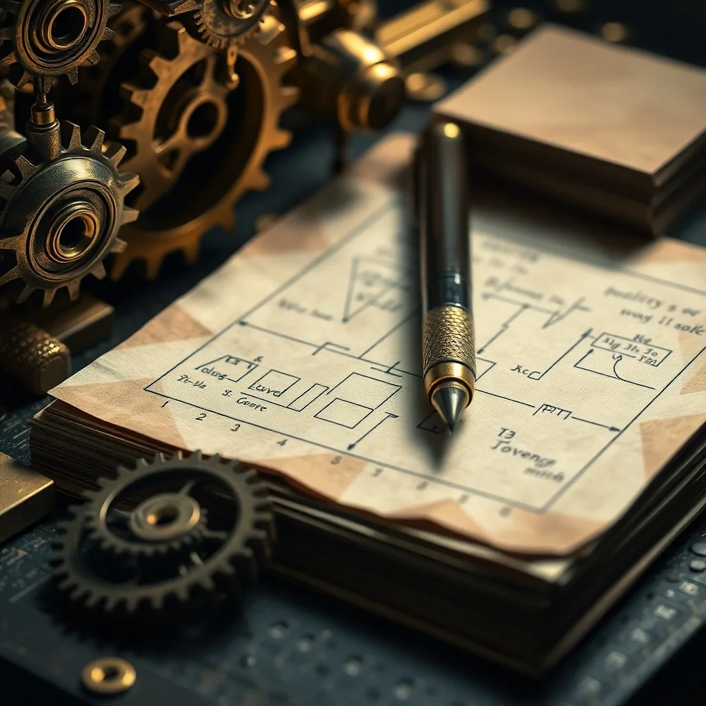 Un antiguo tintero con una pluma de ave sobre un pergamino con fórmulas matemáticas y diagramas algorítmicos, con líneas de código binario que brillan sutilmente en el fondo, creando una atmósfera de innovación histórica.