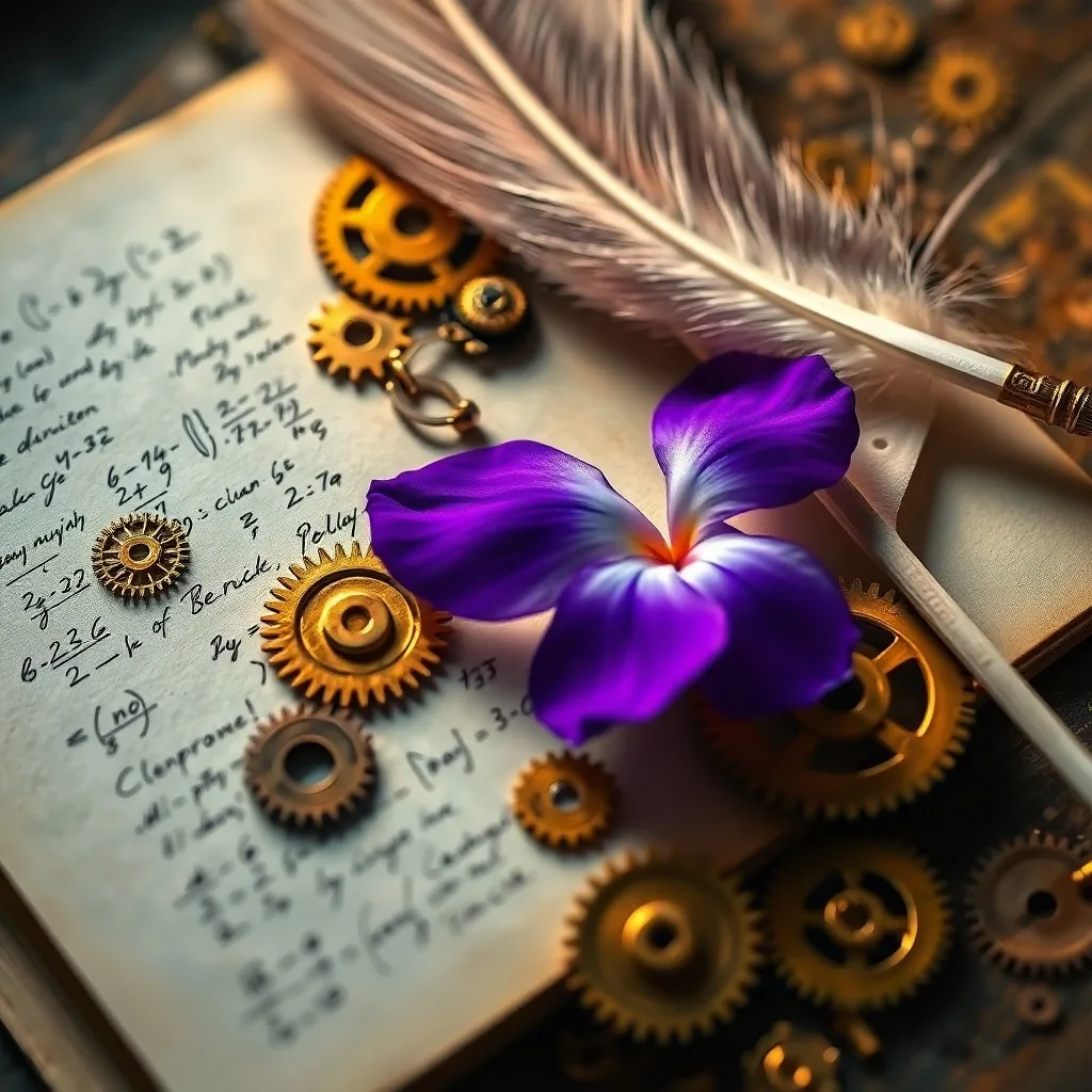 Detalle de una máquina de cálculo antigua con manuscritos matemáticos y pluma