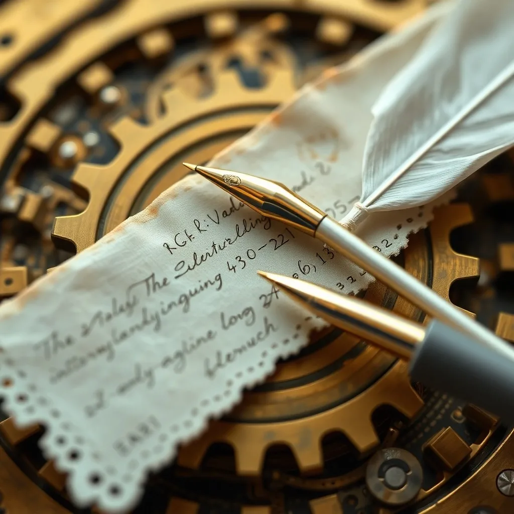 Modelo de la Máquina Analítica de Babbage, rodeada de documentos históricos y herramientas de escritura de la época, evocando el ambiente de descubrimiento y cálculo del siglo XIX.
