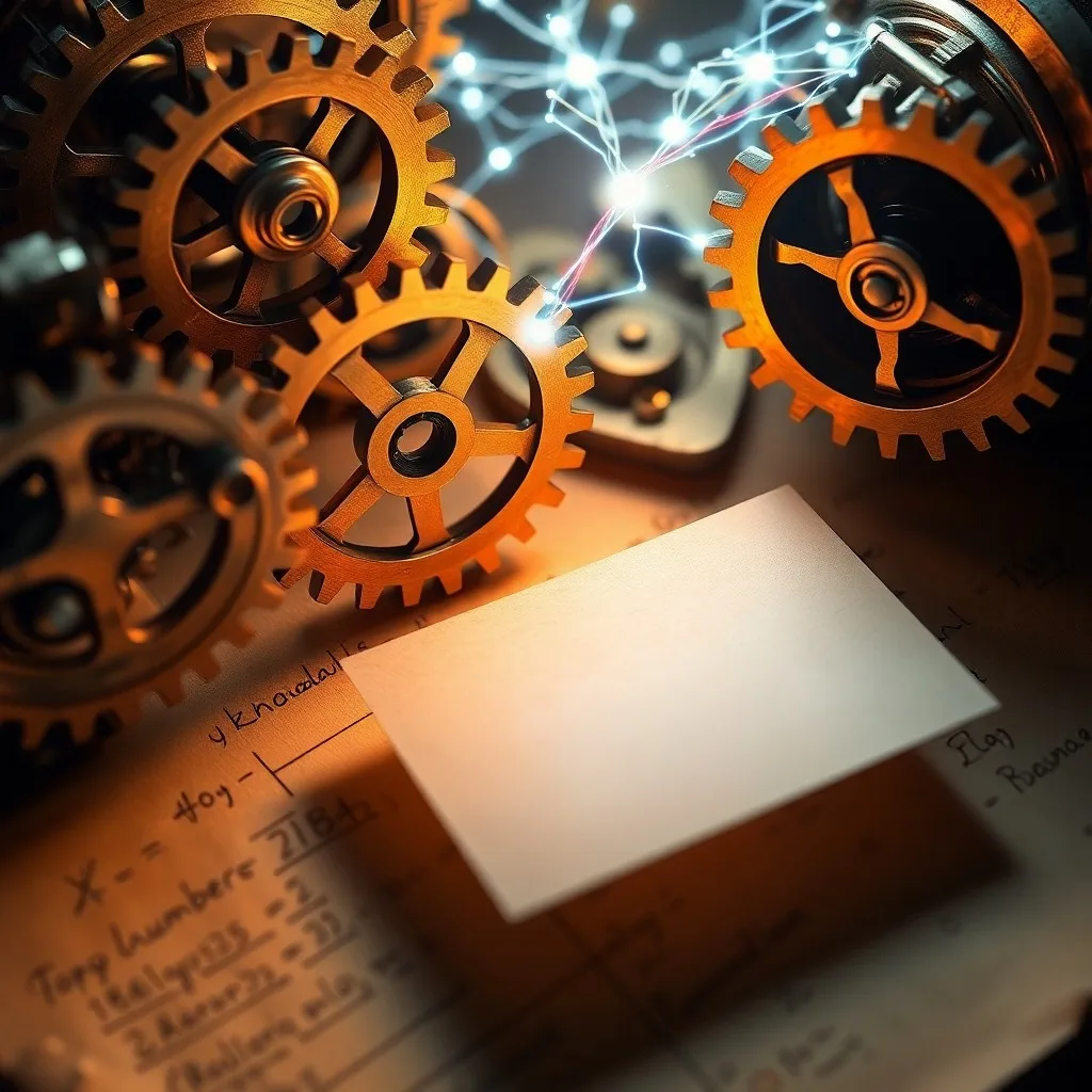 Fotografía de bodegón de un escritorio antiguo con un manuscrito lleno de fórmulas matemáticas, una pluma de ave y un tintero, con la luz de una lámpara de aceite creando sombras dramáticas.