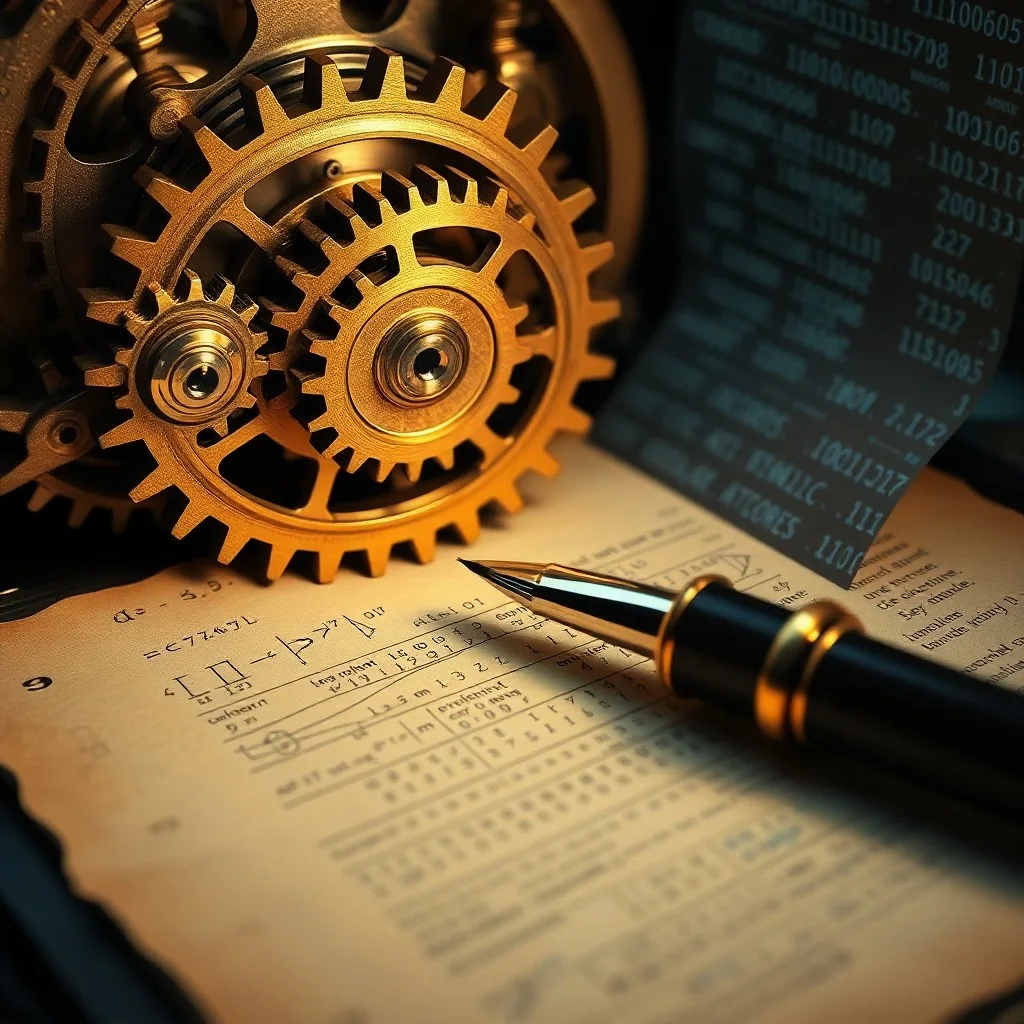 Fotografía de bodegón de un cuaderno abierto con ecuaciones matemáticas, una pluma antigua y planos de máquinas, simbolizando el trabajo de Ada Lovelace.
