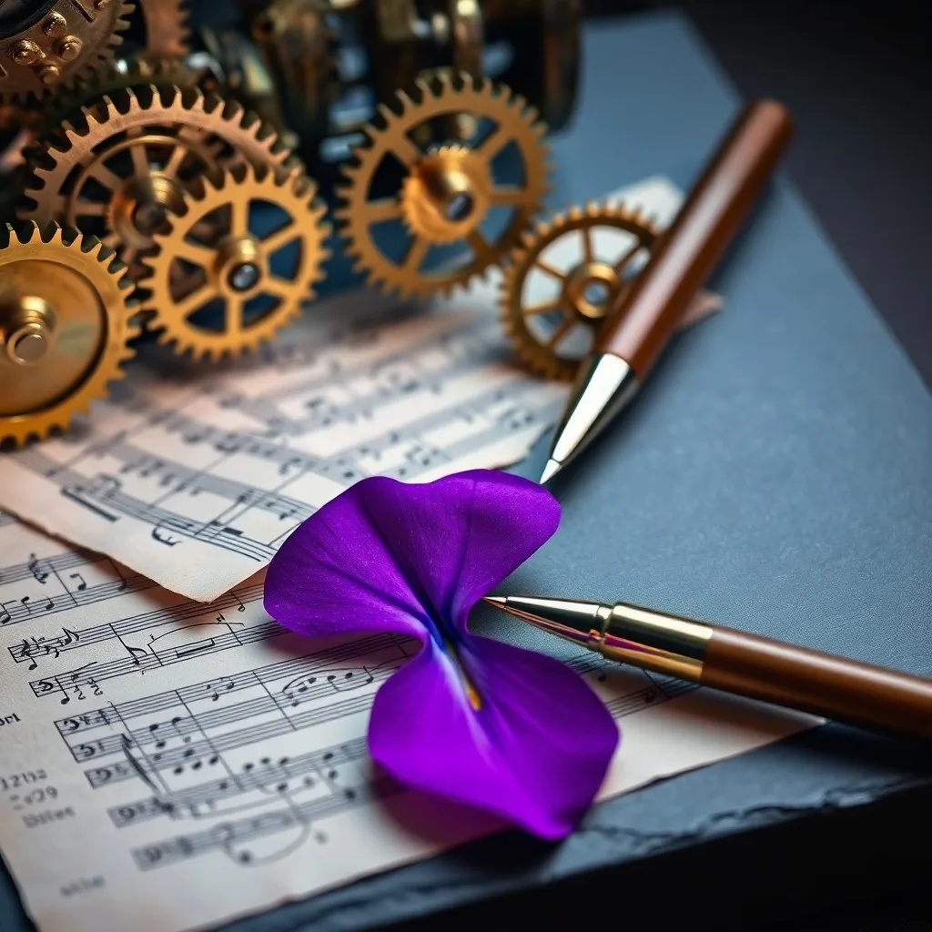 Un libro antiguo titulado 'Notas sobre la Máquina Analítica' sobre un escritorio de madera, con instrumentos científicos y una pluma, evocando la época de Ada Lovelace.
