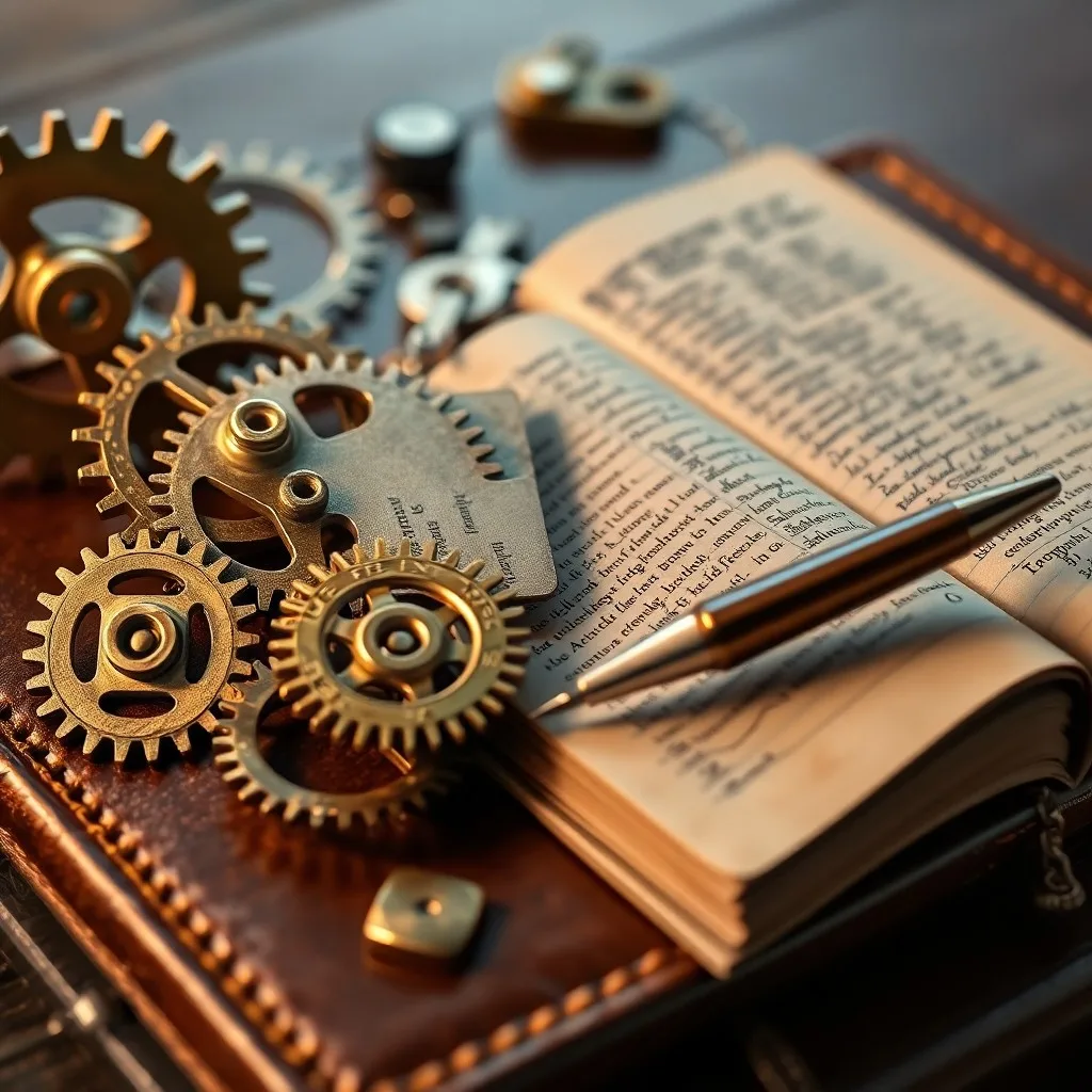 Un modelo detallado de la Máquina Analítica de Charles Babbage, con intrincados engranajes y palancas de latón, sobre un fondo de planos técnicos y diagramas de circuitos del siglo XIX.