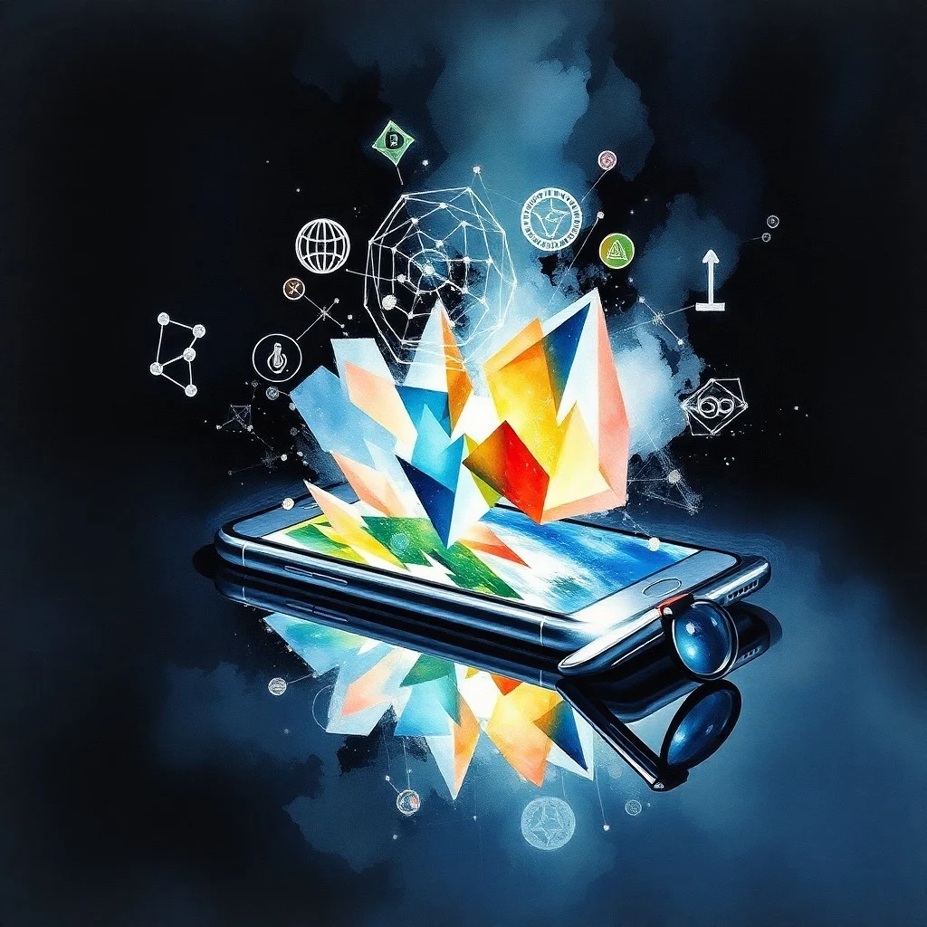 Una tableta digital muestra un paisaje abstracto y sereno, con una mano translúcida que emerge de la pantalla, simbolizando la interacción digital en la terapia. Alrededor, elementos borrosos de adicción sugieren la superación de los desencadenantes.