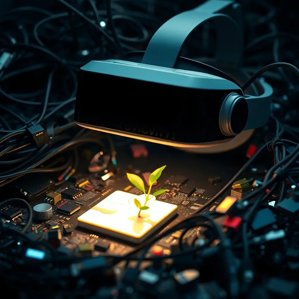 Fotografía cinematográfica de un controlador de videojuegos desgastado junto a un smartphone brillante con redes sociales borrosas, sobre un escritorio de terapeuta con un casco de RV estéril al fondo.