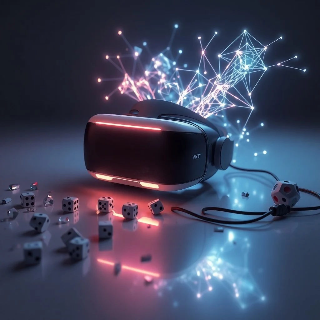 Fotografía cinematográfica de un controlador de videojuegos desgastado junto a un smartphone brillante con redes sociales borrosas, sobre un escritorio de terapeuta con un casco de RV estéril al fondo.
