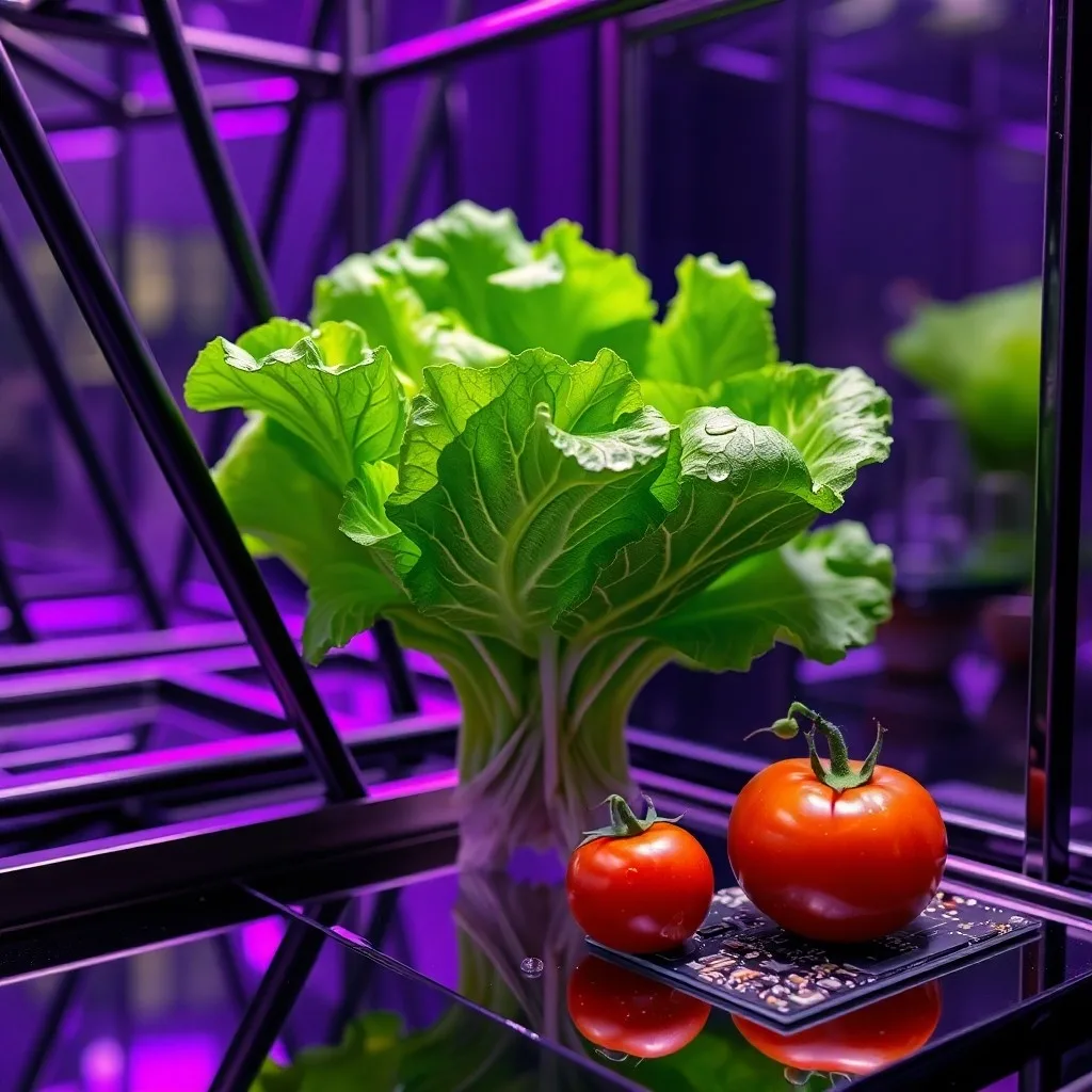 Arte conceptual de una economía circular con engranajes de raíces de plantas y elementos de infraestructura urbana, con una planta de tomate creciendo en el centro.