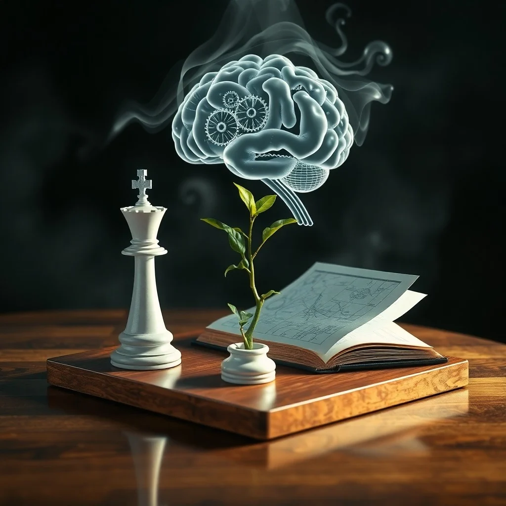 Renderizado 3D de un tablero de ajedrez holográfico que proyecta flujos de datos brillantes, entrelazados con formas geométricas abstractas que representan procesos cognitivos, con una silueta estilizada de un cerebro en el fondo.