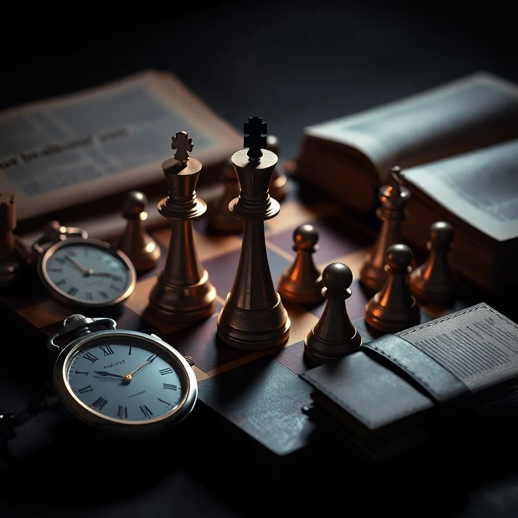 Fotografía vintage de un antiguo juego de ajedrez de madera sobre una mesa de caoba, junto a un libro abierto de estrategias.