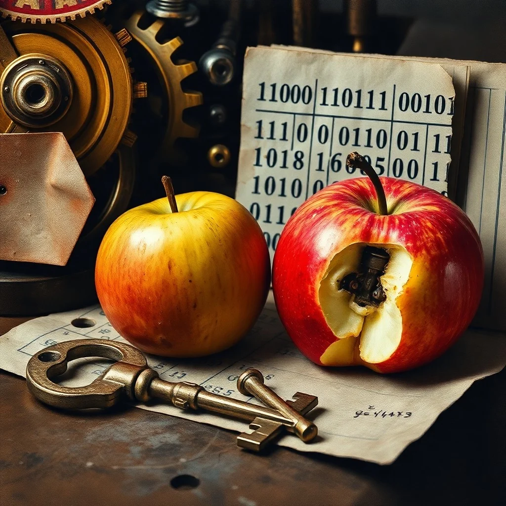 Una máquina Enigma vintage con papeles criptográficos sobre un escritorio de madera.