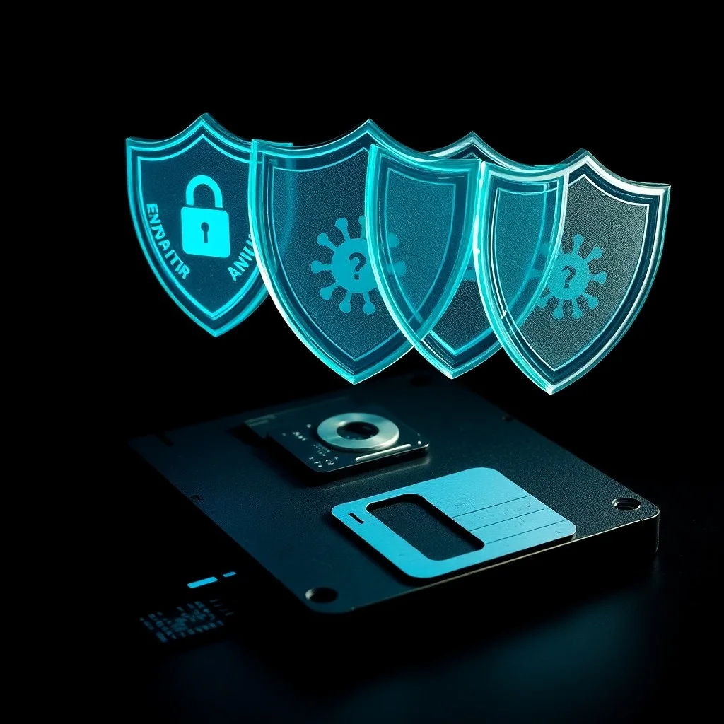 Una antigua disquetera con una etiqueta 'VIRUS SCAN' sobre manuales de informática vintage, iluminada por una pantalla CRT con código rudimentario.