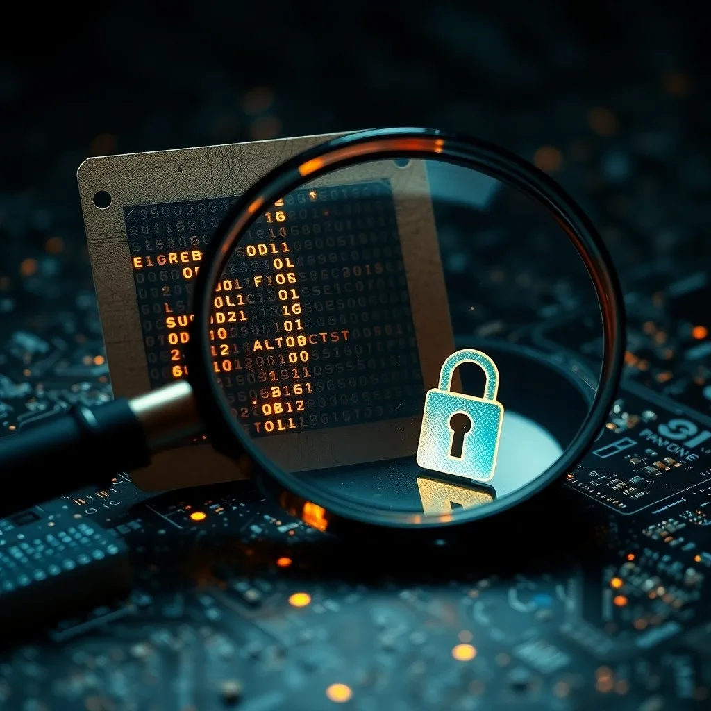 Una antigua disquetera con una etiqueta 'VIRUS SCAN' sobre manuales de informática vintage, iluminada por una pantalla CRT con código rudimentario.