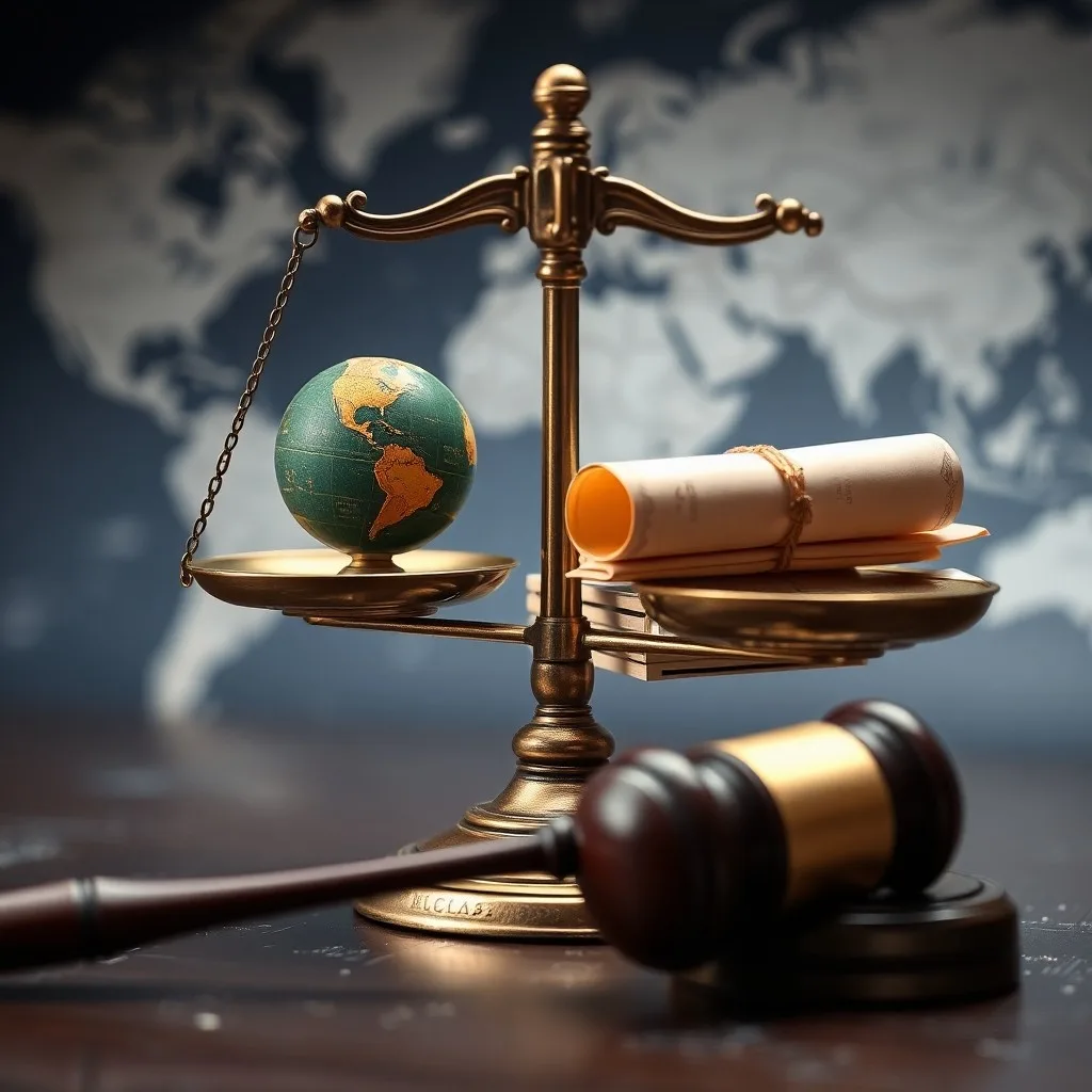 Render 3D de un mazo de madera antiguo sobre libros de derecho internacional, una brújula de latón y un pergamino sellado, todo en una superficie oscura y reflectante.