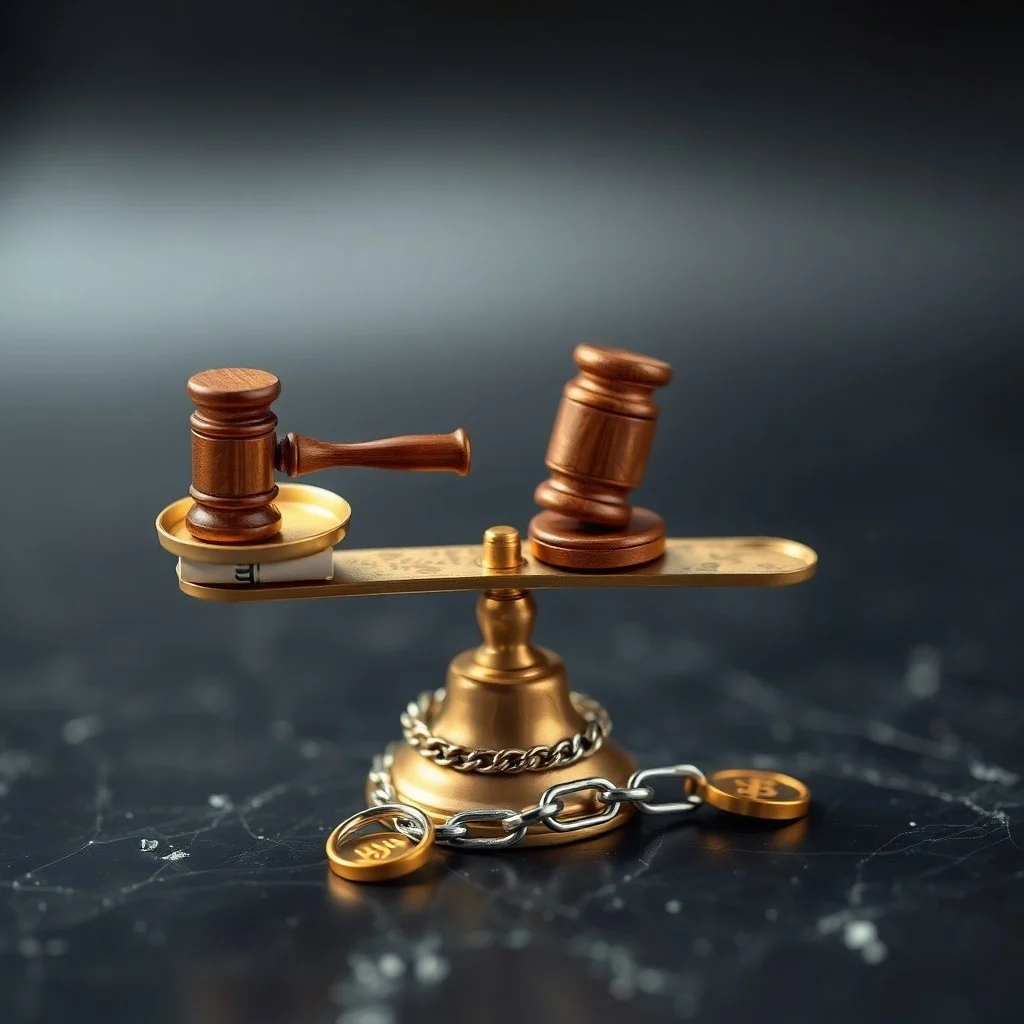 Fotografía cinematográfica de un bolígrafo elegante sobre un bloc de notas legal en una mesa de conferencias moderna, con una ciudad borrosa al fondo, simbolizando la toma de decisiones en el arbitraje internacional.