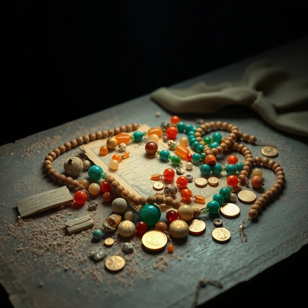 Pintura al óleo conceptual de un abalorio antiguo finamente elaborado, quizás de oro o gema rara, iluminado dramáticamente. Reposa sobre un papiro o tablilla de arcilla fragmentada con escritura antigua, rodeado de sombras.