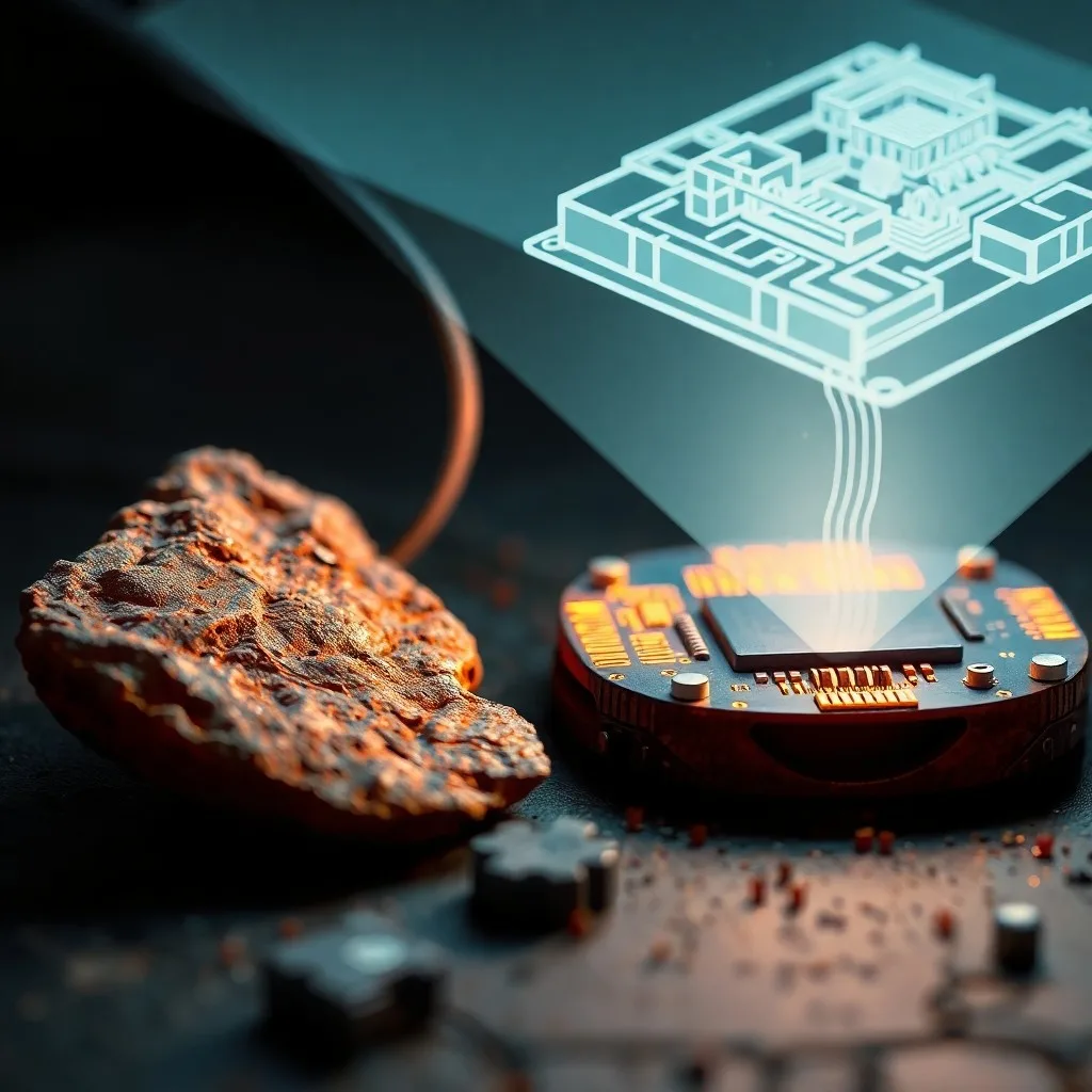 Un fragmento de vasija antigua siendo reensamblado digitalmente en un banco de trabajo virtual, rodeado de flujos de datos abstractos y patrones geométricos.
