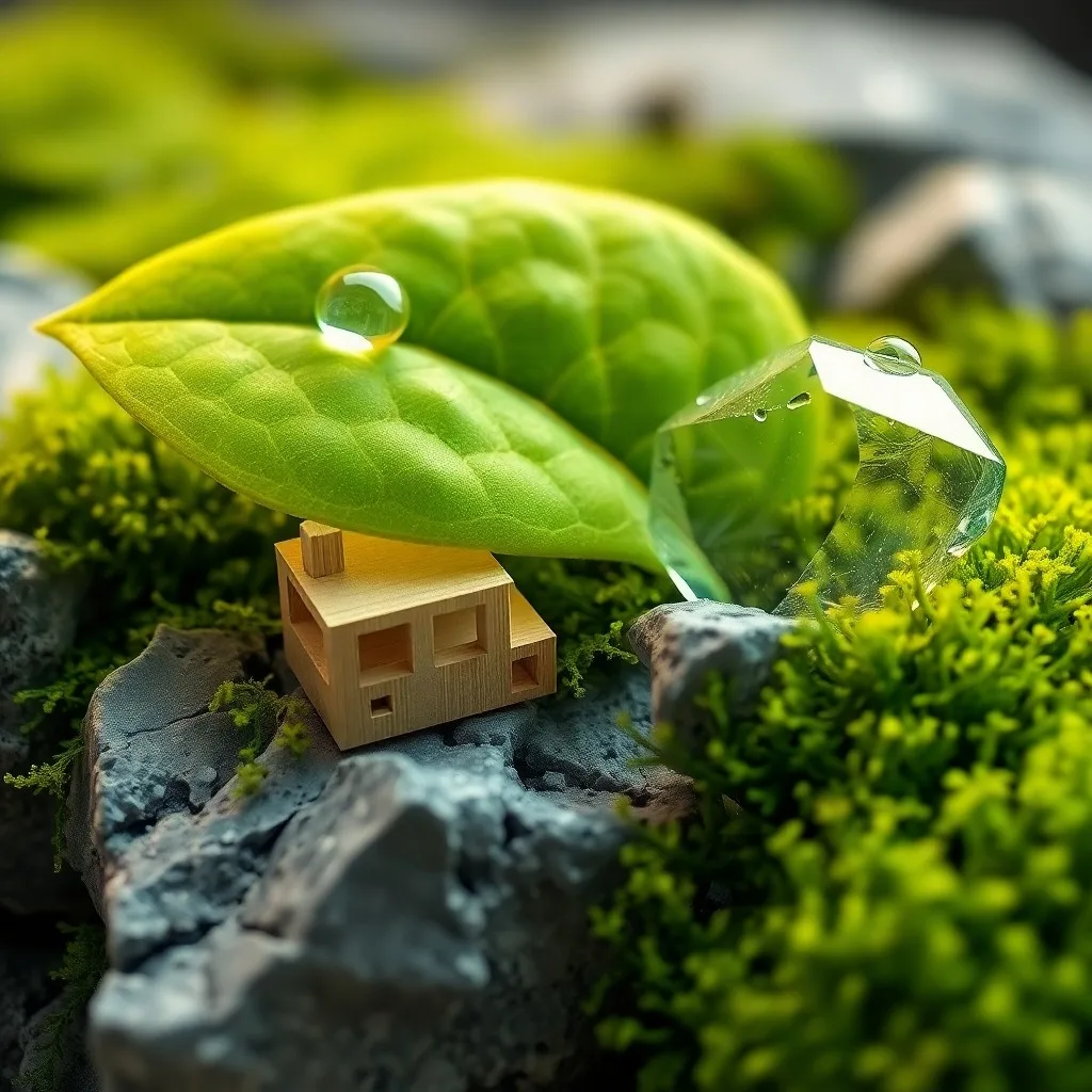 Primer plano de un sensor inteligente incrustado en una pared verde, con gotas de agua y datos proyectados, simbolizando la integración tecnológica en la naturaleza.