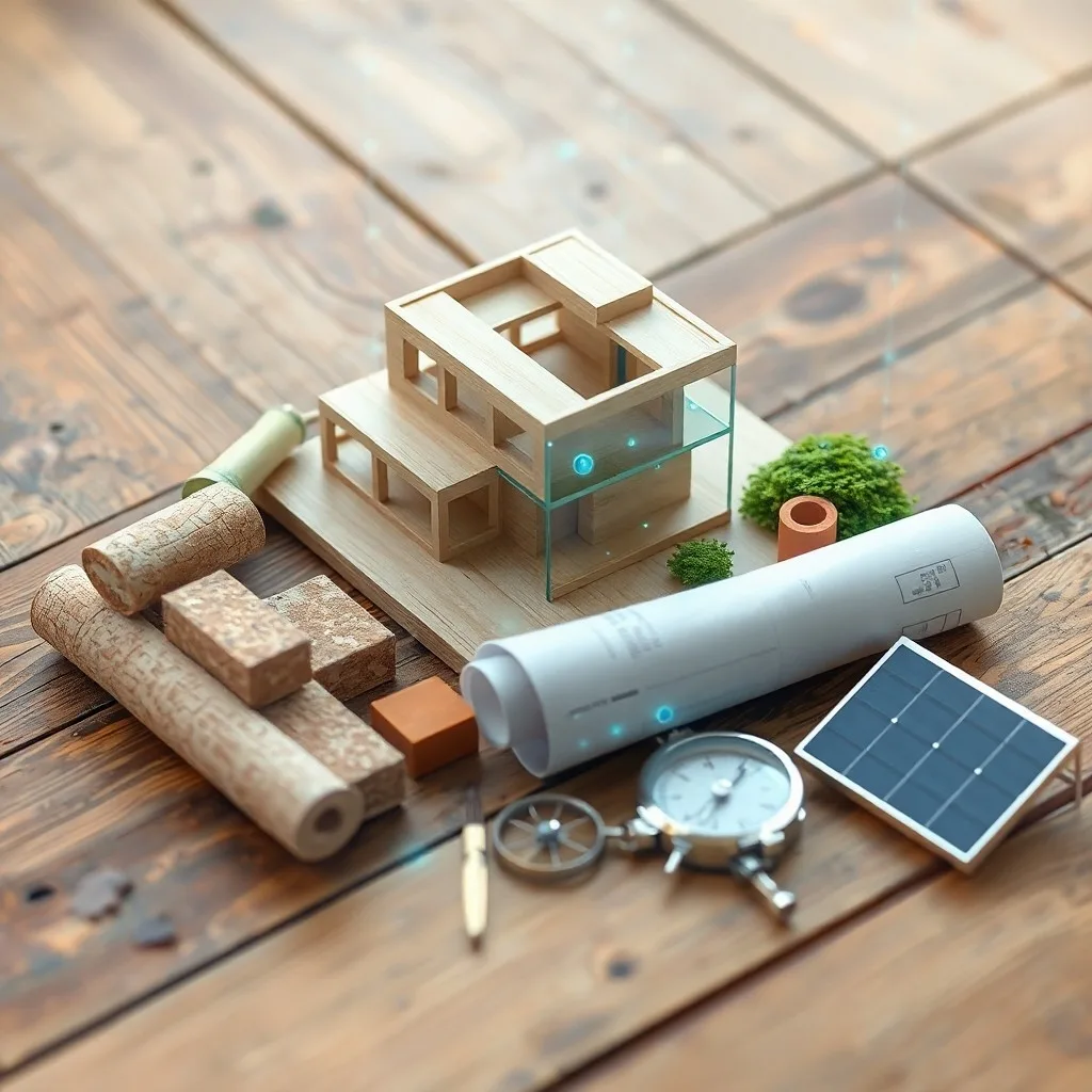 Primer plano cinematográfico de diversos materiales de construcción naturales y reciclados: tallos de bambú, tablones de madera recuperada, muestra de aislamiento de micelio y un bloque de tierra comprimida.