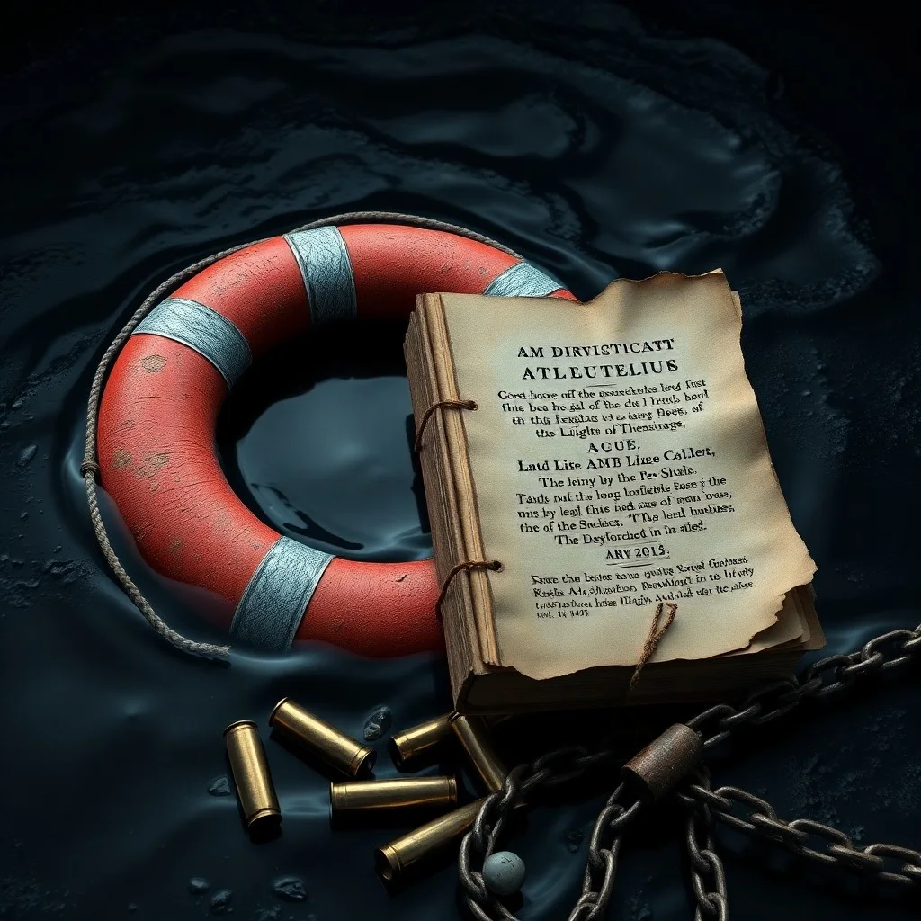 Pintura de acuarela de un barco humanitario con un emblema de cruz roja navegando en aguas brumosas al amanecer, con una costa devastada por la guerra en la distancia.