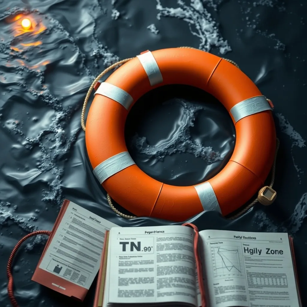 Pintura al óleo de una campana de barco oxidada y un salvavidas roto en aguas turbulentas