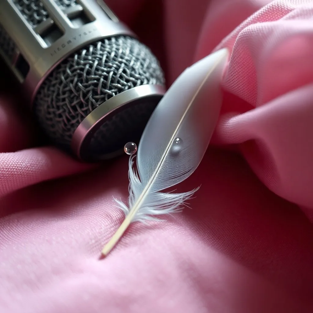 Fotografía macro de un micrófono vintage sobre un escritorio de madera, rodeado de cintas de audio desgastadas y una pluma, con luz suave y sombras largas.