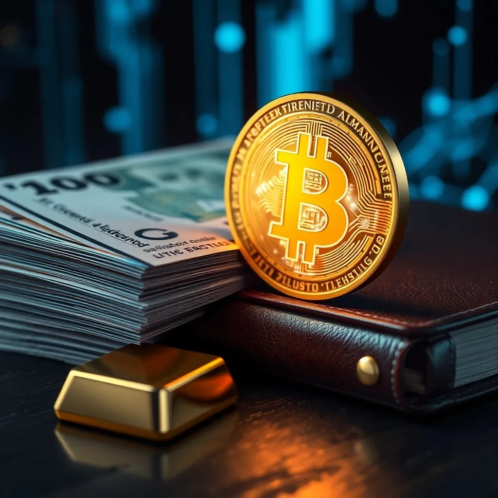 Una balanza de latón vintage con un plato lleno de billetes tradicionales y el otro con un cubo digital brillante, simbolizando el equilibrio entre finanzas tradicionales y criptomonedas.
