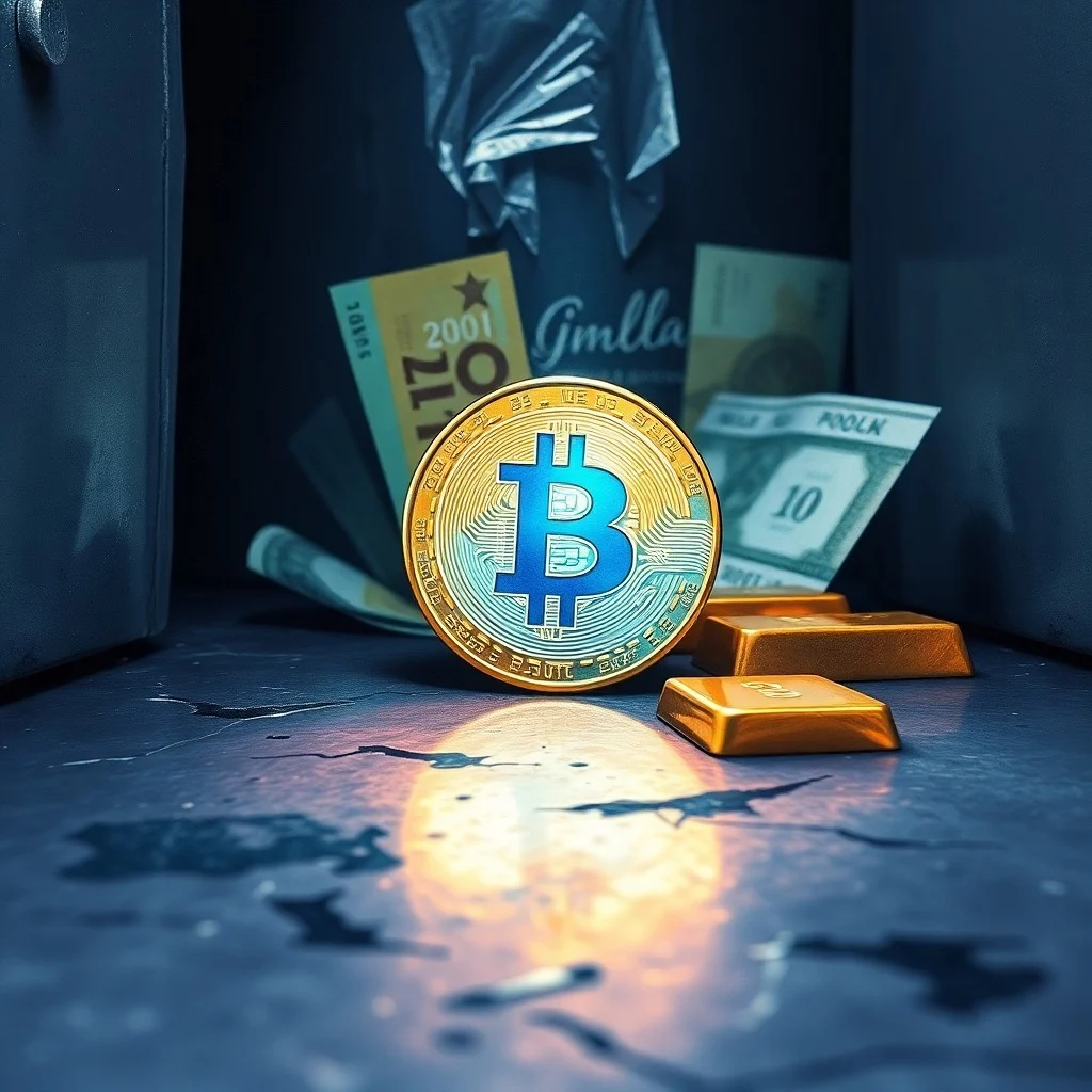 Balanza con símbolo blockchain y billetes en acuarela