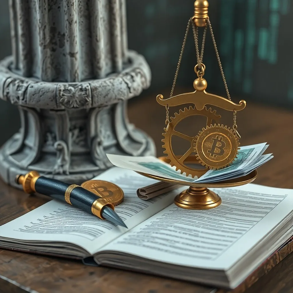 Un antiguo libro de contabilidad abierto con ecuaciones, junto a una interfaz digital futurista con símbolos de criptomonedas.