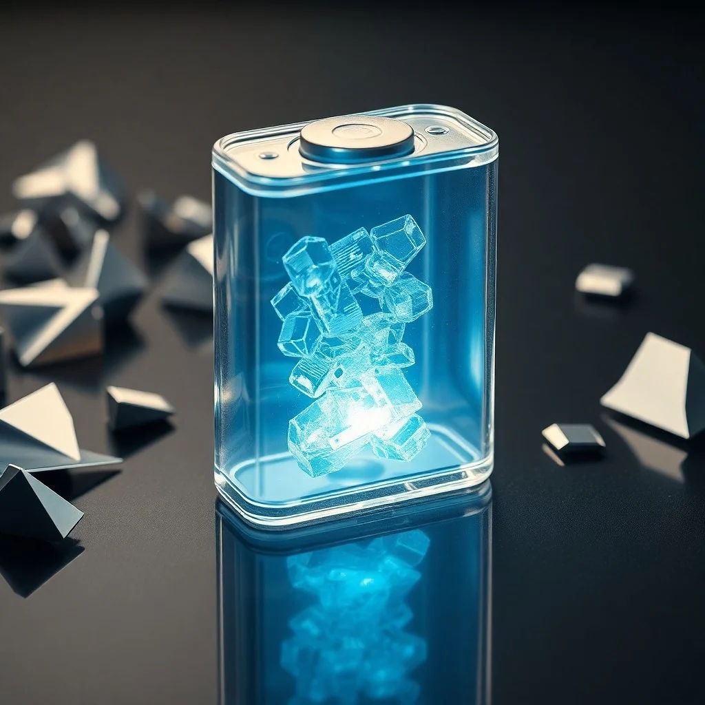 Primer plano de un bloque transparente de electrolito sólido, con reflejos de luz azul y verde, sobre una superficie oscura con patrones de circuitos abstractos.