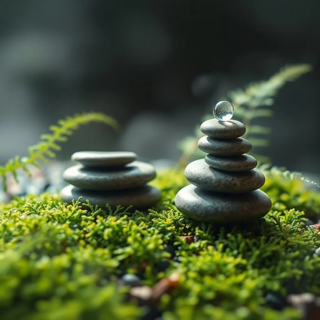 Elementos naturales como guijarros, helechos y un nido de pájaro sobre una piedra cubierta de musgo, en un primer plano macro.