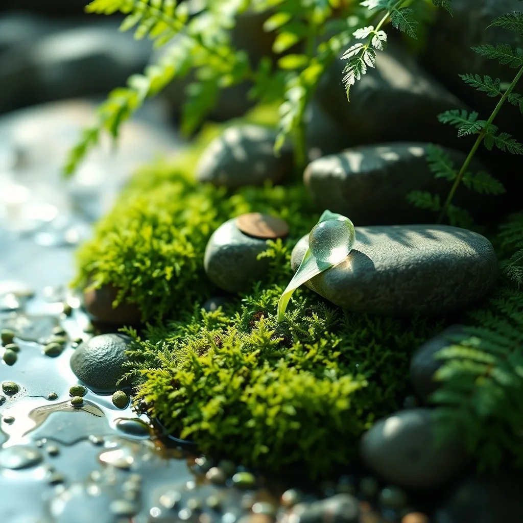 Partículas etéreas y brillantes que representan fitoncidas, elevándose de árboles estilizados en un bosque oscuro, creando patrones arremolinados de energía curativa.