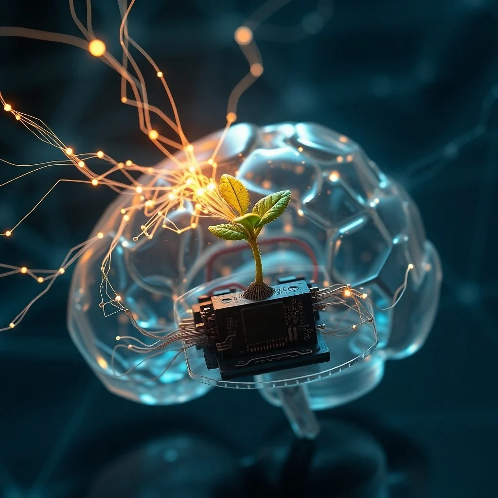 Representación 3D de un modelo de cerebro transparente con conexiones de fibra óptica a un teclado de computadora antiguo y una pantalla holográfica que muestra algoritmos complejos.
