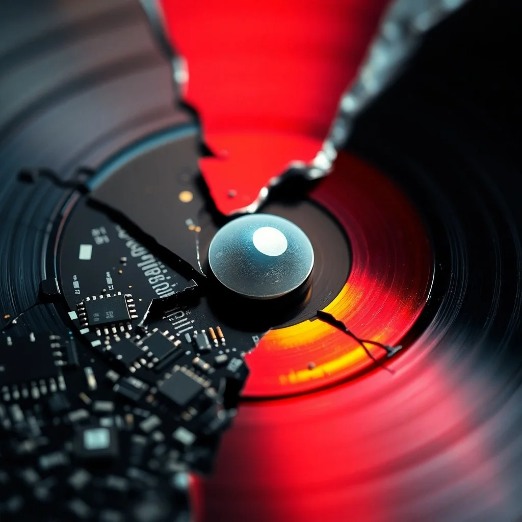 Una consola de mezcla de estudio de grabación con luces de neón y cables, simbolizando la complejidad de la producción musical moderna.