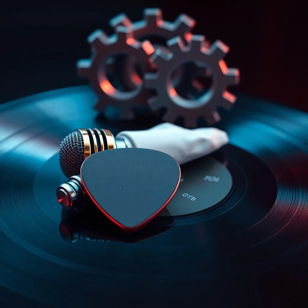 Un micrófono roto y notas musicales dispersas, representando la disrupción y la innovación sonora en la música.