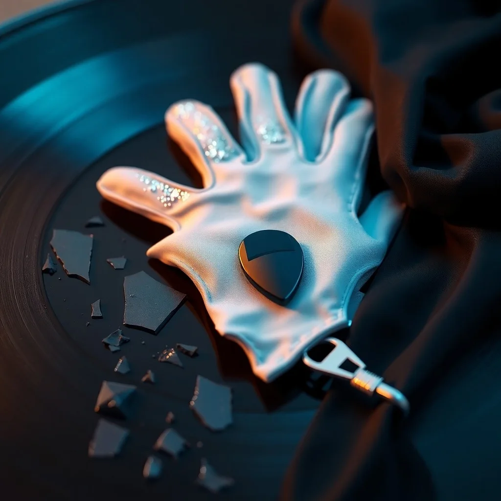 Un tocadiscos vintage de los años 80 con un vinilo girando, rodeado de recortes de periódicos antiguos que anuncian un evento musical trascendental.
