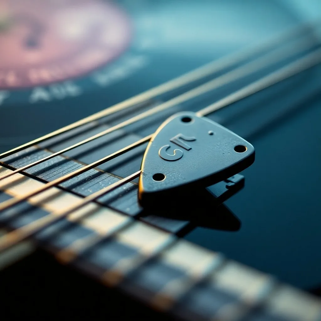 Una guitarra eléctrica vintage, estilo Kramer 5150, apoyada en un amplificador de los años 80, con un micrófono de estudio antiguo en primer plano. La escena está iluminada con una luz cálida y dramática, evocando el ambiente de una sesión de grabación clásica. 