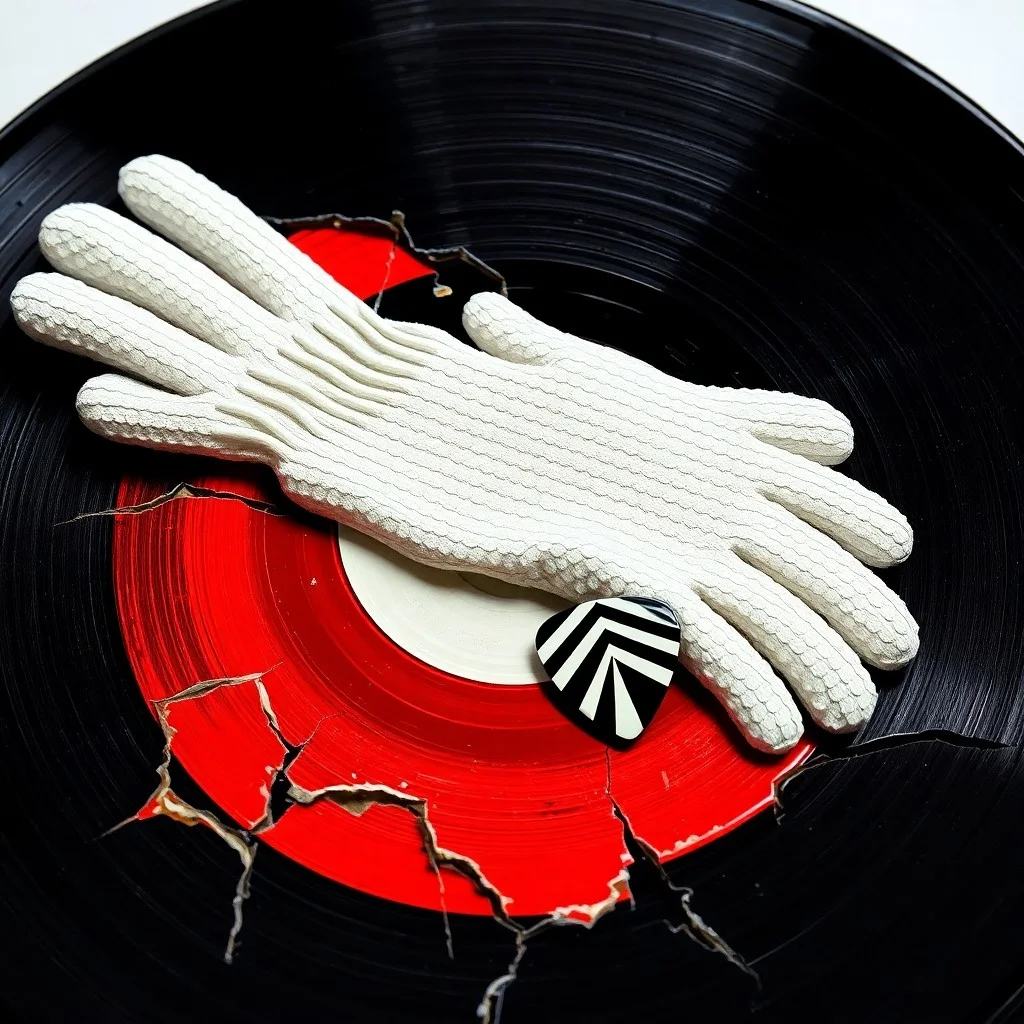 Una cinta de casete antigua con la etiqueta 'Beat It' escrita a mano, parcialmente desenrollada y enredada, sobre una superficie texturizada que simula un vinilo. La iluminación es suave y nostálgica, con un enfoque en los detalles de la cinta. 
