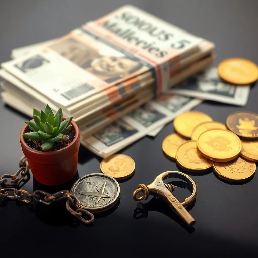 Renderizado isométrico 3D de una planta verde vibrante creciendo de monedas de oro, rodeada de gráficos financieros minimalistas.